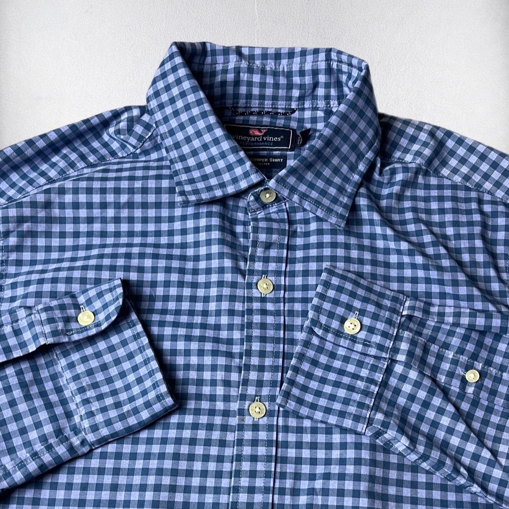 Vineyard Vines Performance Button Shirt Mens Medium Blue Gingham Slim Fit Cooper